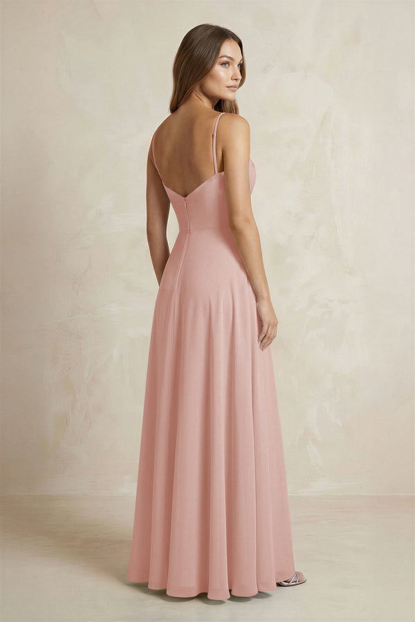 A-Line Cami Strap Chiffon Bridesmaid Dress With Slit in English Rose (2) | KISSBRIDAL