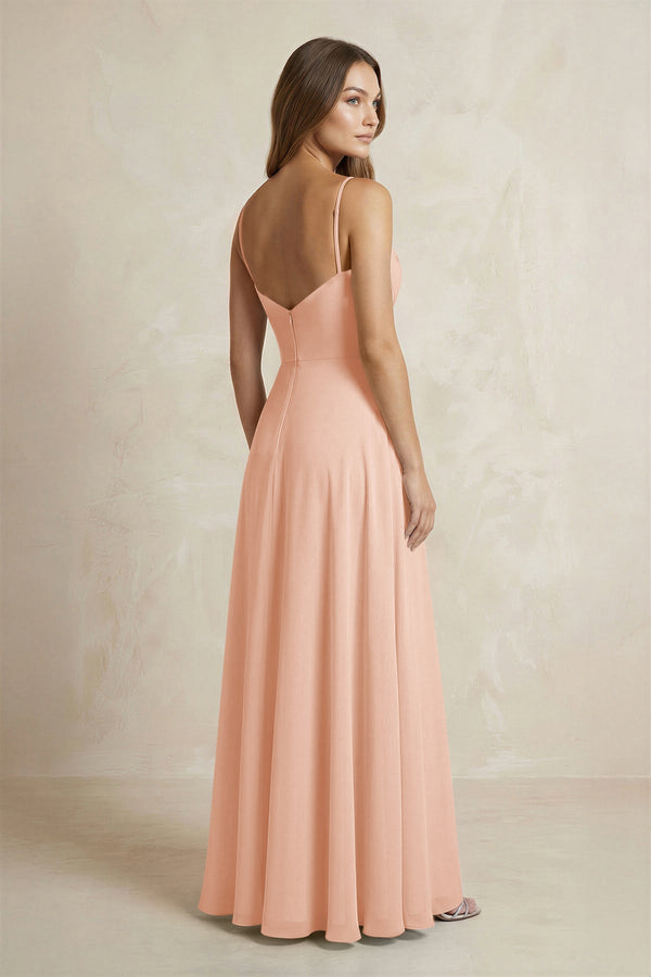 A - Line Cami Strap Chiffon Bridesmaid Dress With Slit in English Rose - KISS BRIDAL Bridesmaid Dresses