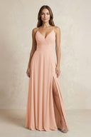 A - Line Cami Strap Chiffon Bridesmaid Dress With Slit in English Rose - KISS BRIDAL Bridesmaid Dresses