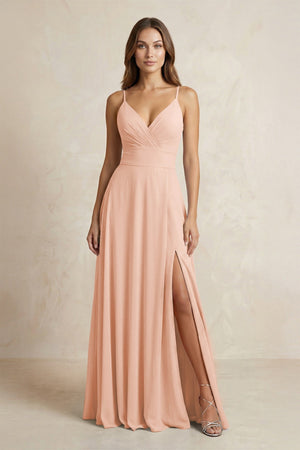A - Line Cami Strap Chiffon Bridesmaid Dress With Slit in English Rose - KISS BRIDAL Bridesmaid Dresses