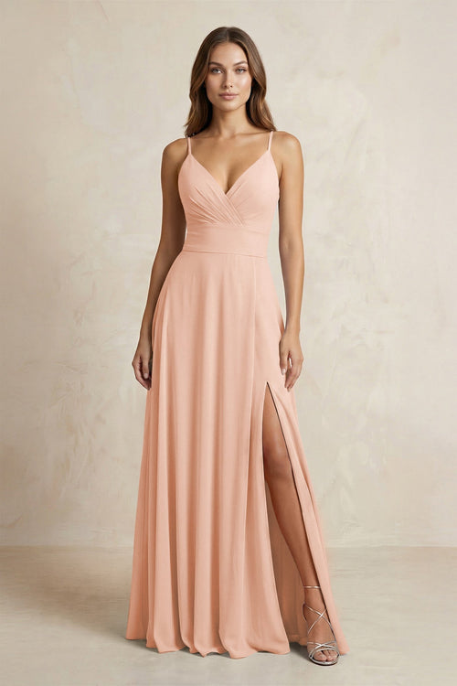 A - Line Cami Strap Chiffon Bridesmaid Dress With Slit in English Rose - KISS BRIDAL Bridesmaid Dresses