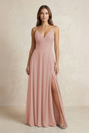 A-Line Cami Strap Chiffon Bridesmaid Dress With Slit in English Rose | KISSBRIDAL