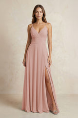 A-Line Cami Strap Chiffon Bridesmaid Dress With Slit in English Rose | KISSBRIDAL