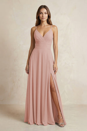 A-Line Cami Strap Chiffon Bridesmaid Dress With Slit in English Rose | KISSBRIDAL