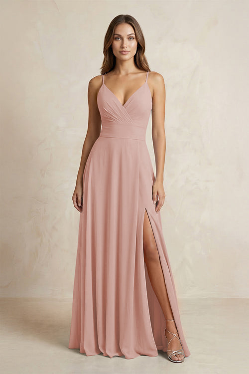 A-Line Cami Strap Chiffon Bridesmaid Dress With Slit in English Rose | KISSBRIDAL