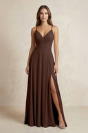 A - Line Cami Strap Chiffon Bridesmaid Dress With Slit in Espresso - KISS BRIDAL Bridesmaid Dresses