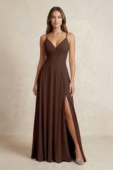 A - Line Cami Strap Chiffon Bridesmaid Dress With Slit in Espresso - KISS BRIDAL Bridesmaid Dresses