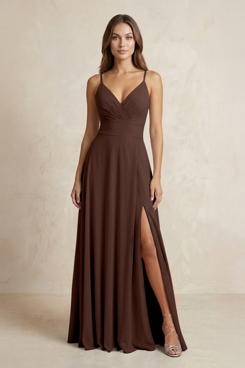 A - Line Cami Strap Chiffon Bridesmaid Dress With Slit in Espresso - KISS BRIDAL Bridesmaid Dresses