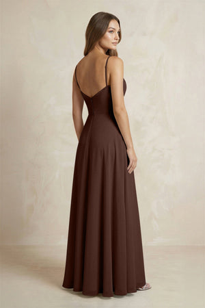 A - Line Cami Strap Chiffon Bridesmaid Dress With Slit in Espresso - KISS BRIDAL Bridesmaid Dresses