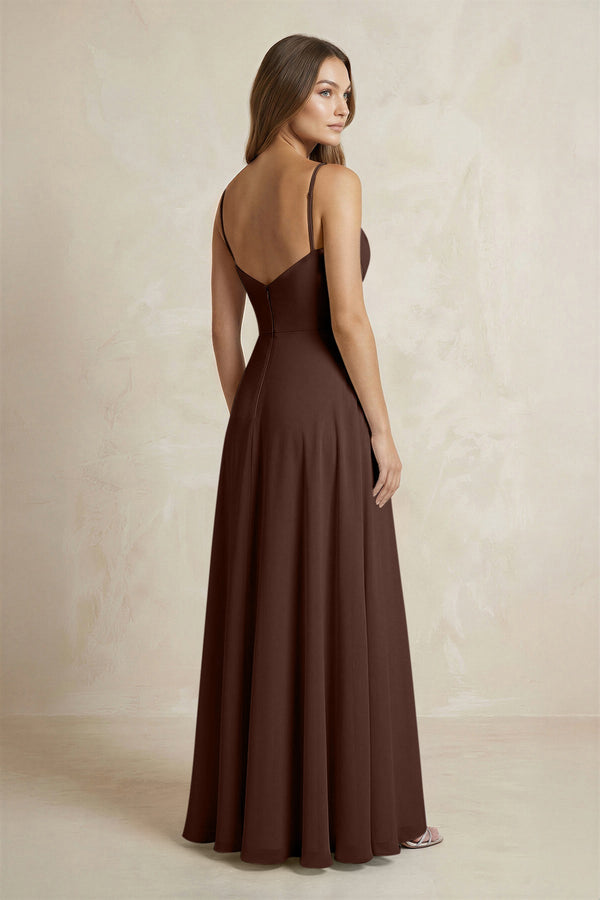A - Line Cami Strap Chiffon Bridesmaid Dress With Slit in Espresso - KISS BRIDAL Bridesmaid Dresses