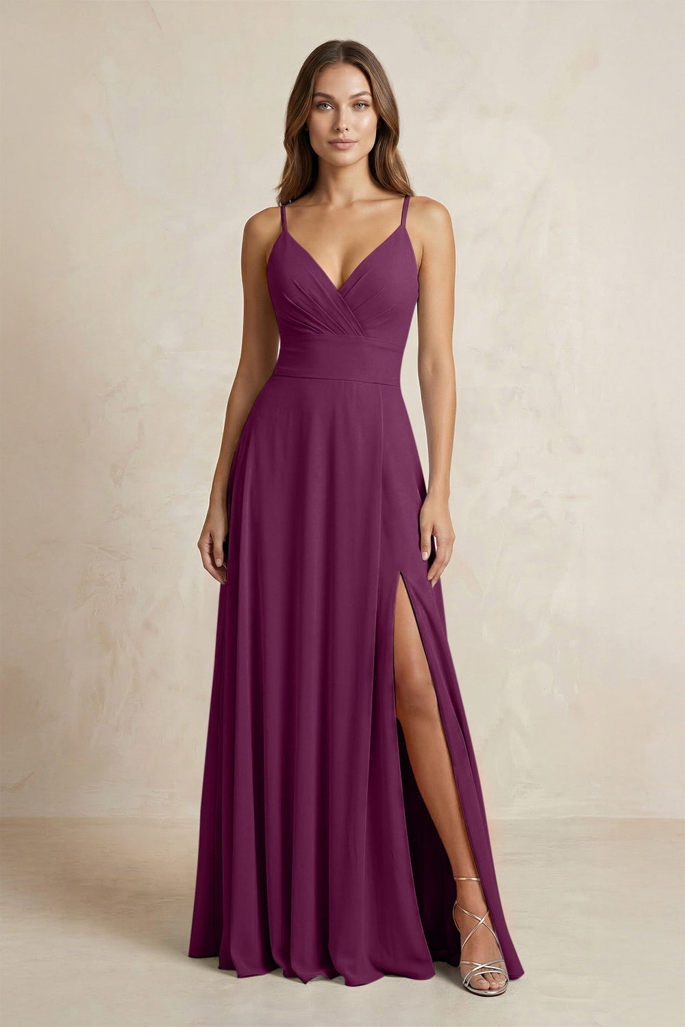 A - Line Cami Strap Chiffon Bridesmaid Dress With Slit in Fig - KISS BRIDAL Bridesmaid Dresses