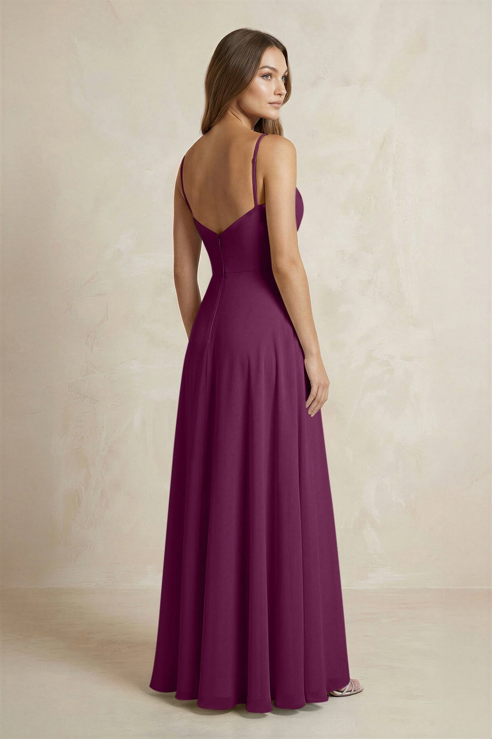 A - Line Cami Strap Chiffon Bridesmaid Dress With Slit in Fig - KISS BRIDAL Bridesmaid Dresses