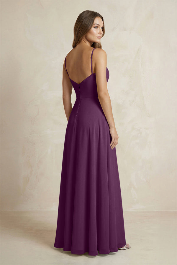 A-Line Cami Strap Chiffon Bridesmaid Dress With Slit in Fig (2) | KISSBRIDAL