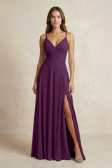 A-Line Cami Strap Chiffon Bridesmaid Dress With Slit in Fig | KISSBRIDAL