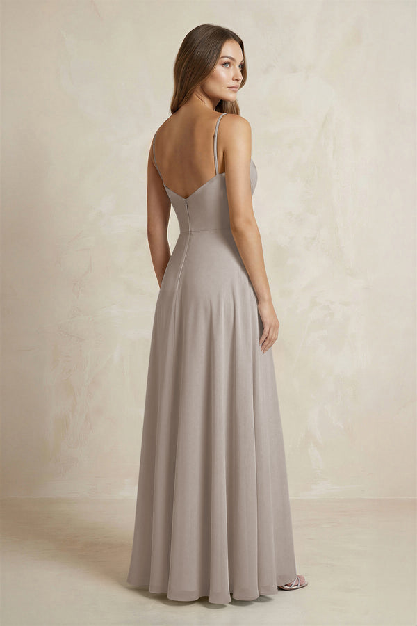 A-Line Cami Strap Chiffon Bridesmaid Dress With Slit in Frost (2) | KISSBRIDAL