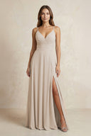 A - Line Cami Strap Chiffon Bridesmaid Dress With Slit in Frost - KISS BRIDAL Bridesmaid Dresses