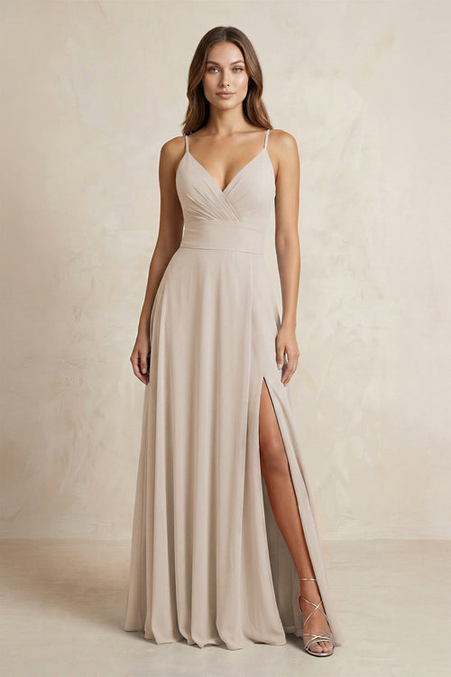 A - Line Cami Strap Chiffon Bridesmaid Dress With Slit in Frost - KISS BRIDAL Bridesmaid Dresses