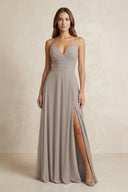 A-Line Cami Strap Chiffon Bridesmaid Dress With Slit in Frost | KISSBRIDAL