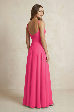 A-Line Cami Strap Chiffon Bridesmaid Dress With Slit in Fuchsia (2) | KISSBRIDAL