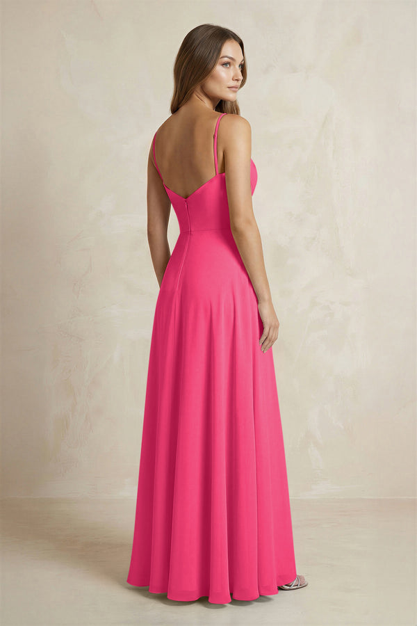 A-Line Cami Strap Chiffon Bridesmaid Dress With Slit in Fuchsia (2) | KISSBRIDAL