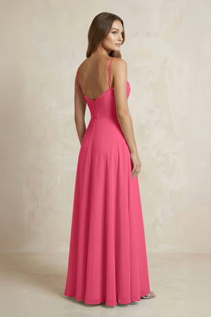 A - Line Cami Strap Chiffon Bridesmaid Dress With Slit in Fuchsia - KISS BRIDAL Bridesmaid Dresses