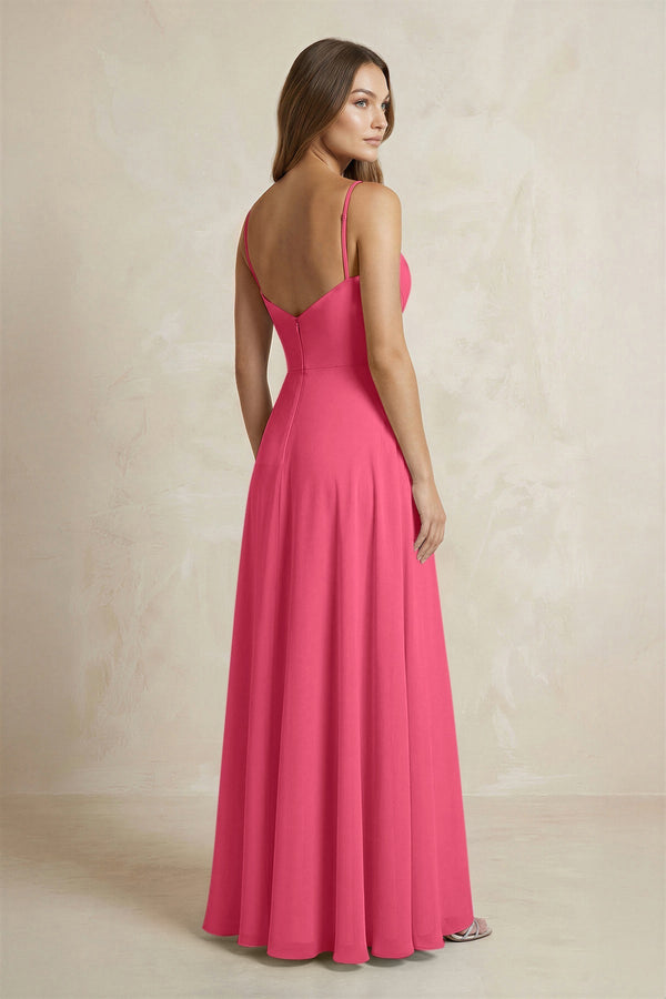 A - Line Cami Strap Chiffon Bridesmaid Dress With Slit in Fuchsia - KISS BRIDAL Bridesmaid Dresses