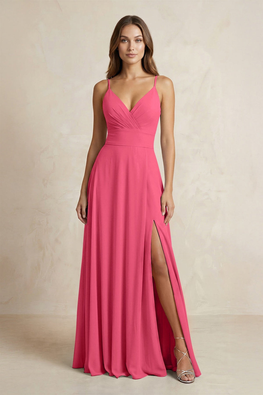 A - Line Cami Strap Chiffon Bridesmaid Dress With Slit in Fuchsia - KISS BRIDAL Bridesmaid Dresses