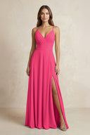 A-Line Cami Strap Chiffon Bridesmaid Dress With Slit in Fuchsia | KISSBRIDAL