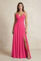 A-Line Cami Strap Chiffon Bridesmaid Dress With Slit in Fuchsia | KISSBRIDAL