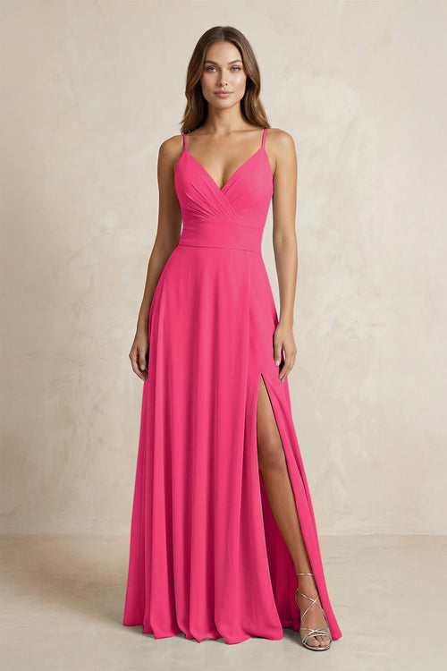 A-Line Cami Strap Chiffon Bridesmaid Dress With Slit in Fuchsia | KISSBRIDAL