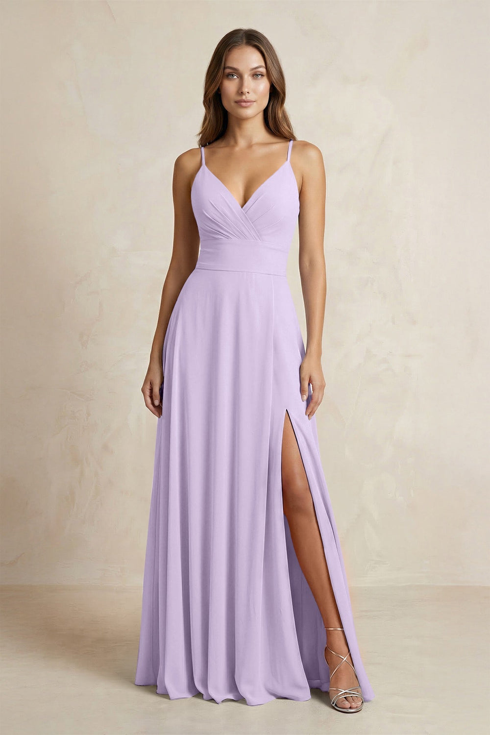 A - Line Cami Strap Chiffon Bridesmaid Dress With Slit in Lavender - KISS BRIDAL Bridesmaid Dresses