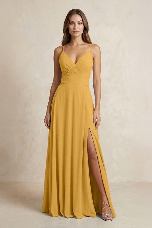 A - Line Cami Strap Chiffon Bridesmaid Dress With Slit in Marigold - KISS BRIDAL Bridesmaid Dresses