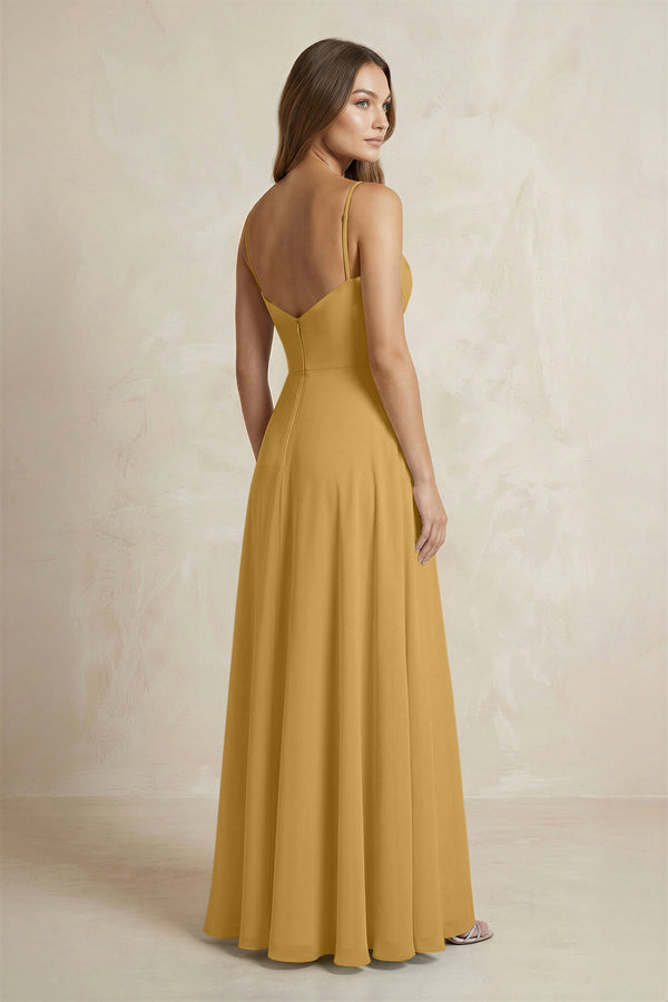 A-Line Cami Strap Chiffon Bridesmaid Dress With Slit in Marigold (2) | KISSBRIDAL