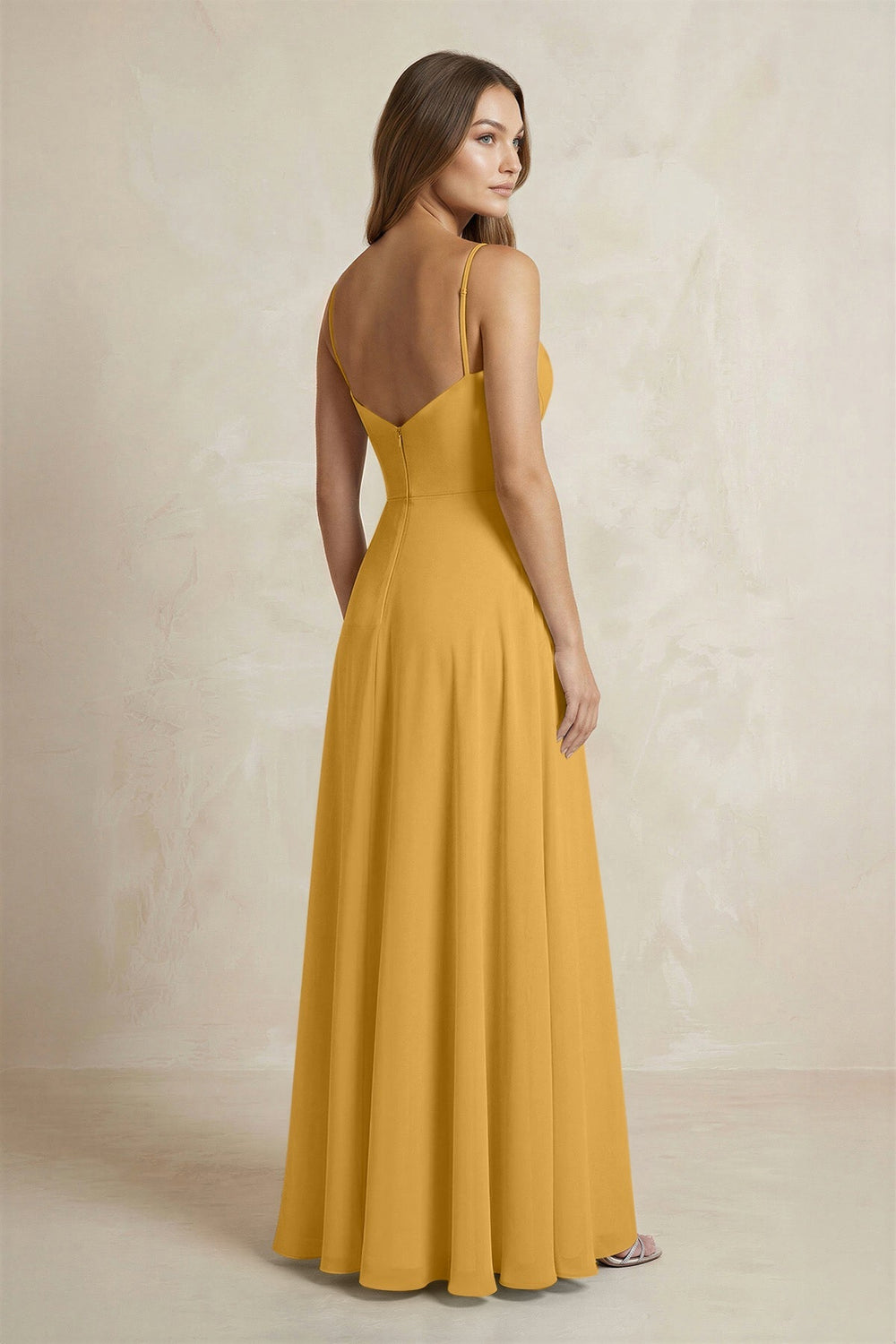 A - Line Cami Strap Chiffon Bridesmaid Dress With Slit in Marigold - KISS BRIDAL Bridesmaid Dresses