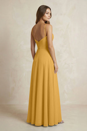 A - Line Cami Strap Chiffon Bridesmaid Dress With Slit in Marigold - KISS BRIDAL Bridesmaid Dresses