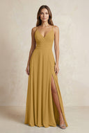 A-Line Cami Strap Chiffon Bridesmaid Dress With Slit in Marigold | KISSBRIDAL