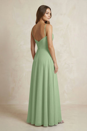 A-Line Cami Strap Chiffon Bridesmaid Dress With Slit in Matcha (2) | KISSBRIDAL