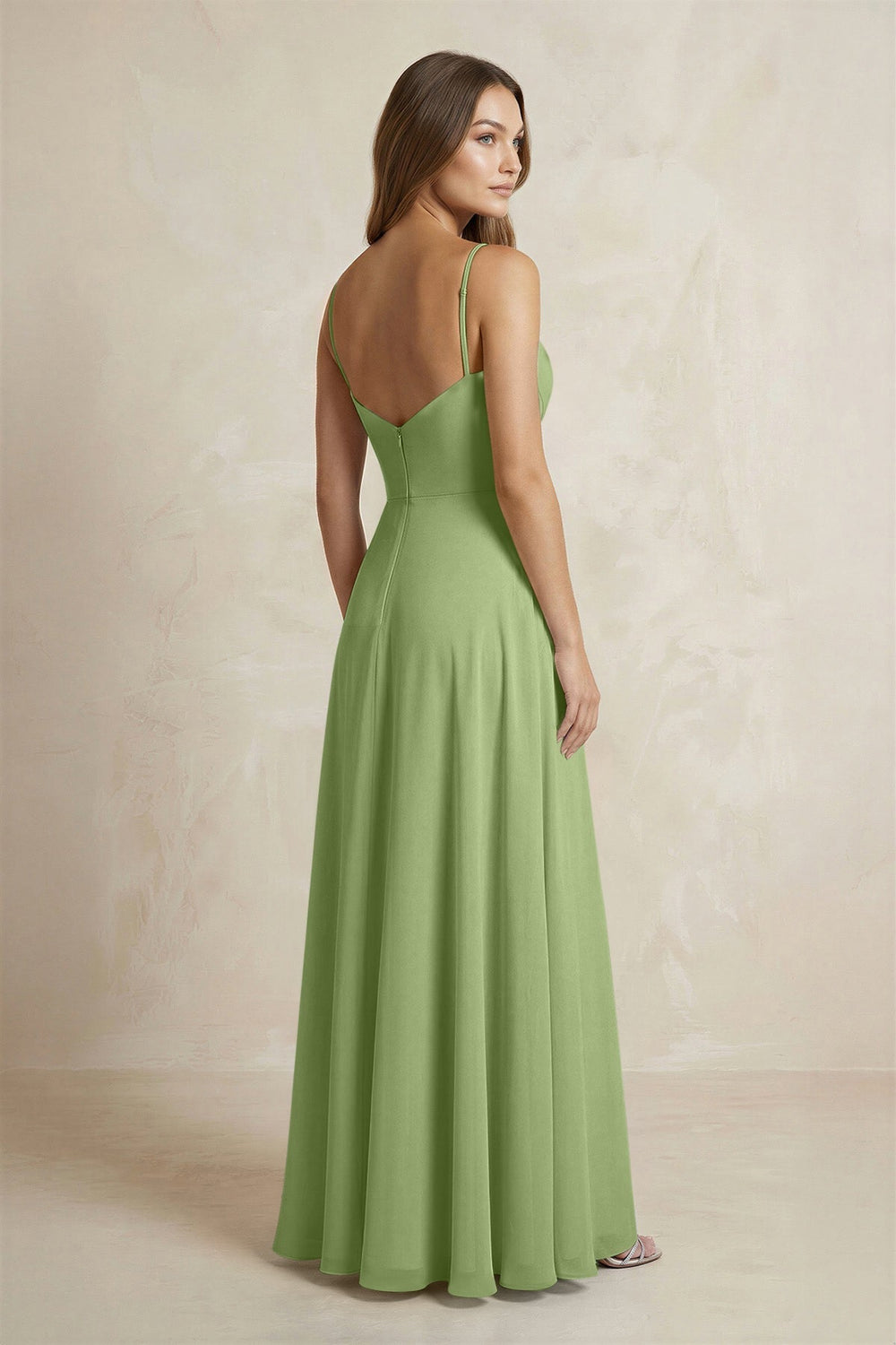 A - Line Cami Strap Chiffon Bridesmaid Dress With Slit in Matcha - KISS BRIDAL Bridesmaid Dresses