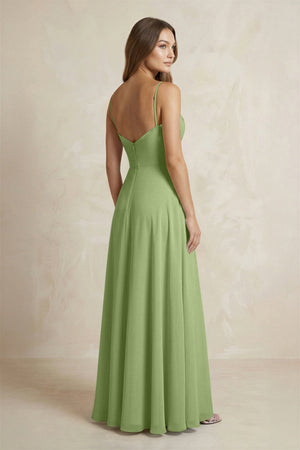 A - Line Cami Strap Chiffon Bridesmaid Dress With Slit in Matcha - KISS BRIDAL Bridesmaid Dresses