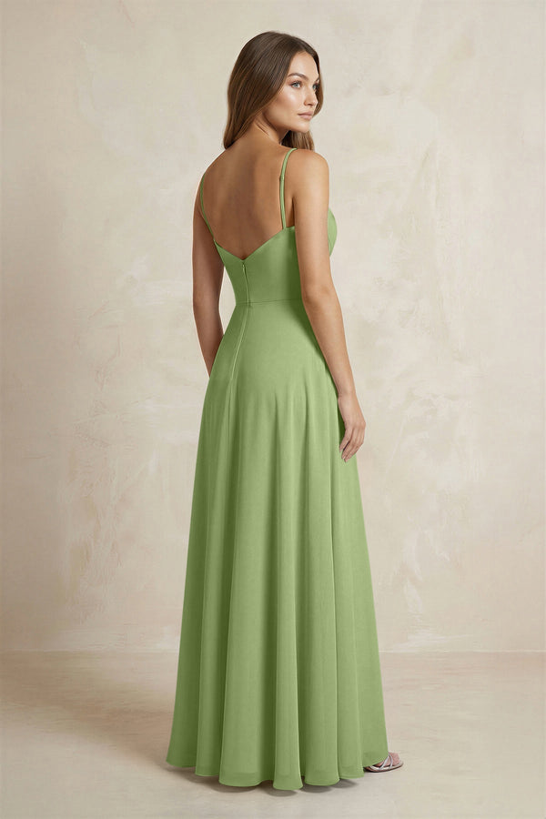 A - Line Cami Strap Chiffon Bridesmaid Dress With Slit in Matcha - KISS BRIDAL Bridesmaid Dresses