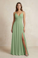 A-Line Cami Strap Chiffon Bridesmaid Dress With Slit in Matcha | KISSBRIDAL
