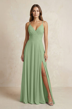 A-Line Cami Strap Chiffon Bridesmaid Dress With Slit in Matcha | KISSBRIDAL