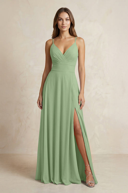 A-Line Cami Strap Chiffon Bridesmaid Dress With Slit in Matcha | KISSBRIDAL