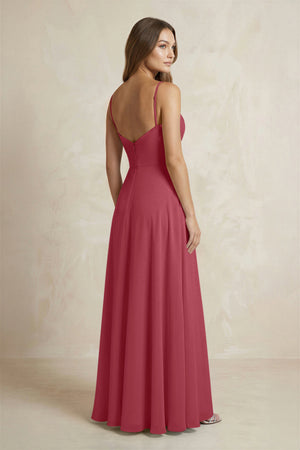 A-Line Cami Strap Chiffon Bridesmaid Dress With Slit in Merlot (2) | KISSBRIDAL