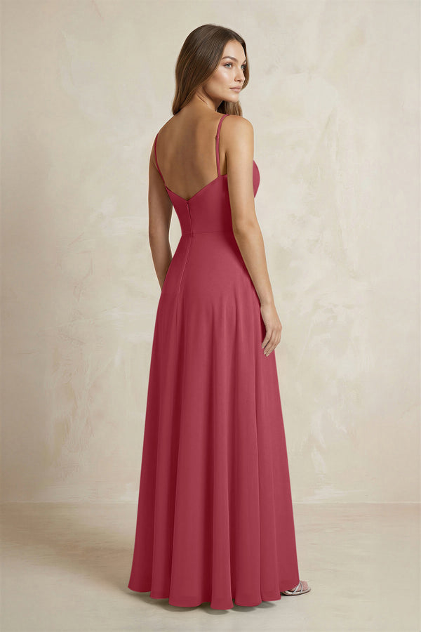 A-Line Cami Strap Chiffon Bridesmaid Dress With Slit in Merlot (2) | KISSBRIDAL
