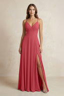 A - Line Cami Strap Chiffon Bridesmaid Dress With Slit in Merlot - KISS BRIDAL Bridesmaid Dresses