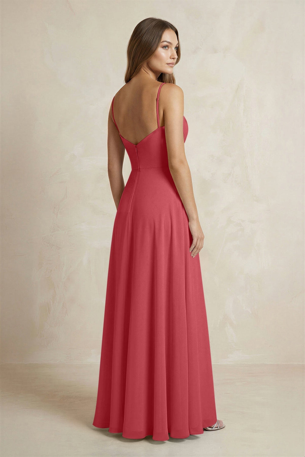 A - Line Cami Strap Chiffon Bridesmaid Dress With Slit in Merlot - KISS BRIDAL Bridesmaid Dresses