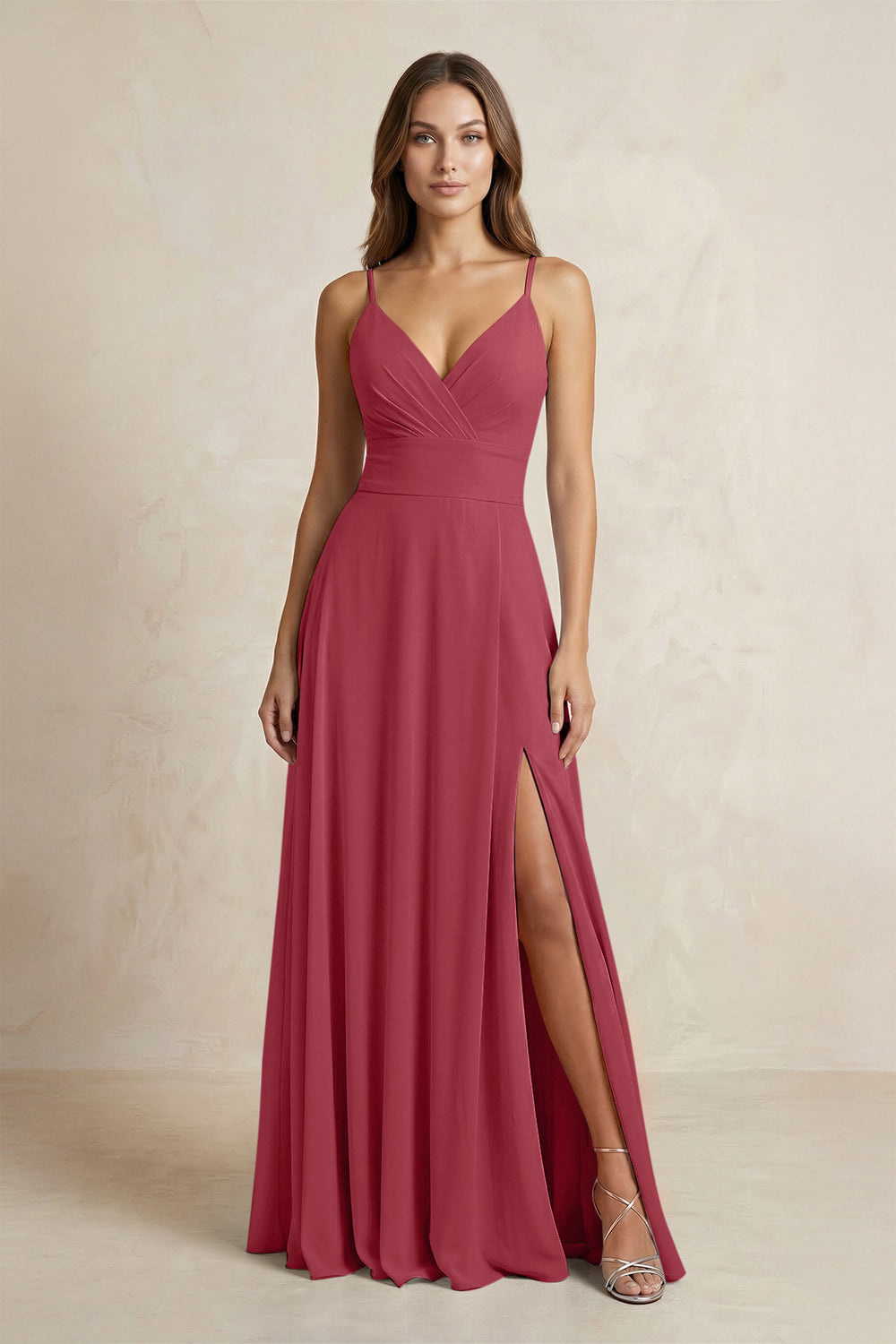A-Line Cami Strap Chiffon Bridesmaid Dress With Slit in Merlot