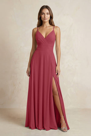 A-Line Cami Strap Chiffon Bridesmaid Dress With Slit in Merlot | KISSBRIDAL