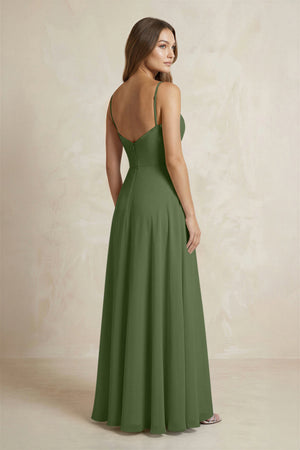 A-Line Cami Strap Chiffon Bridesmaid Dress With Slit in Moss (2) | KISSBRIDAL